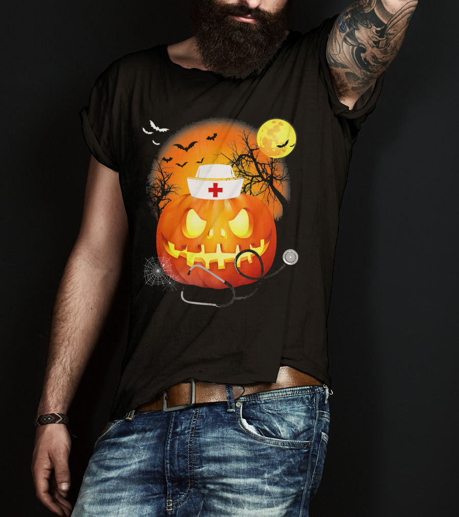 Nurse Halloween Pumpkin With Stethoscope And Bats T-Shirt