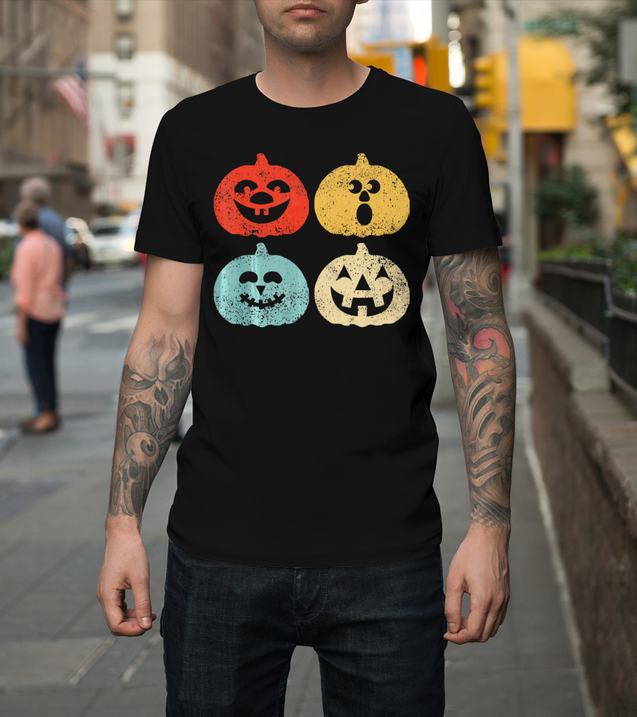 Vintage Halloween Pumpkin Women Retro Colorful Jack-O'-Lantern Faces T-Shirt