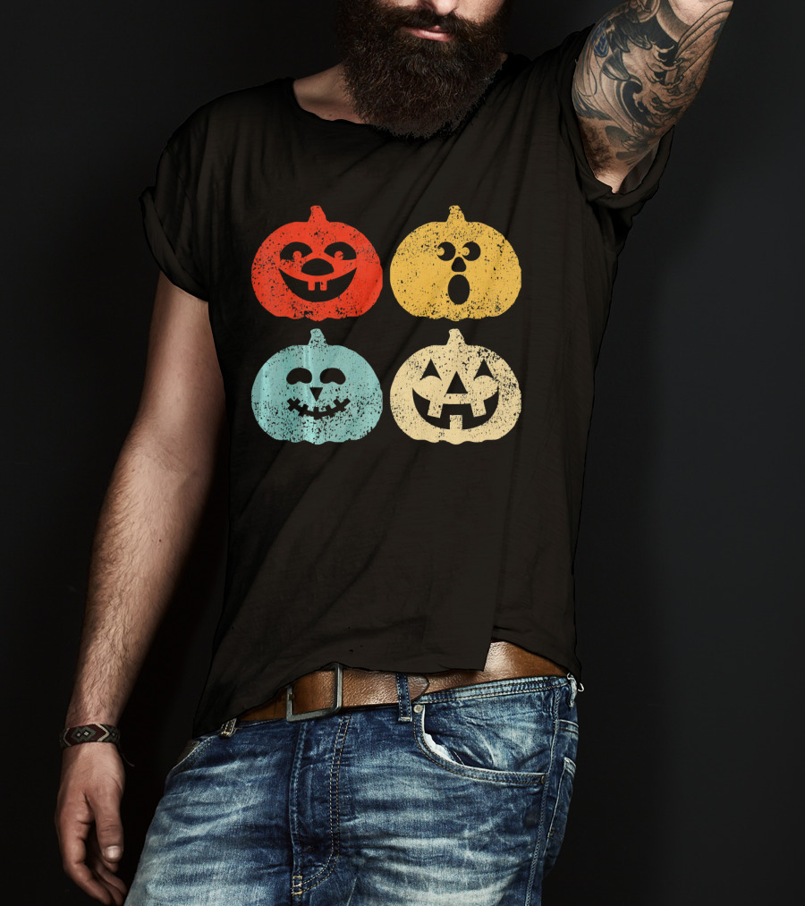 Vintage Halloween Pumpkin Women Retro Colorful Jack-O'-Lantern Faces T-Shirt