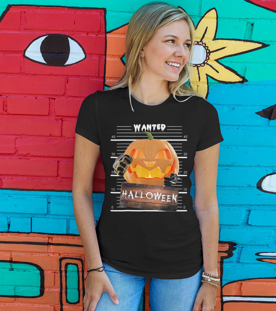 Wanted Halloween Pumpkin Mugshot Funny T-Shirt
