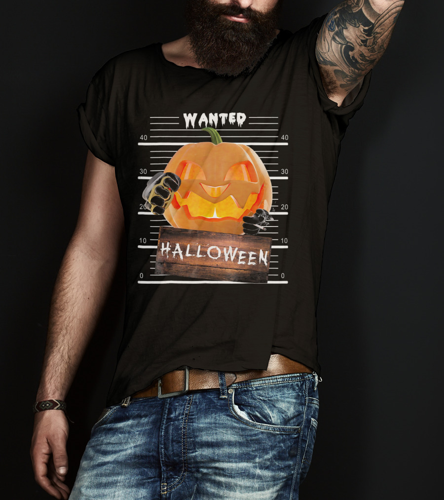 Wanted Halloween Pumpkin Mugshot Funny T-Shirt