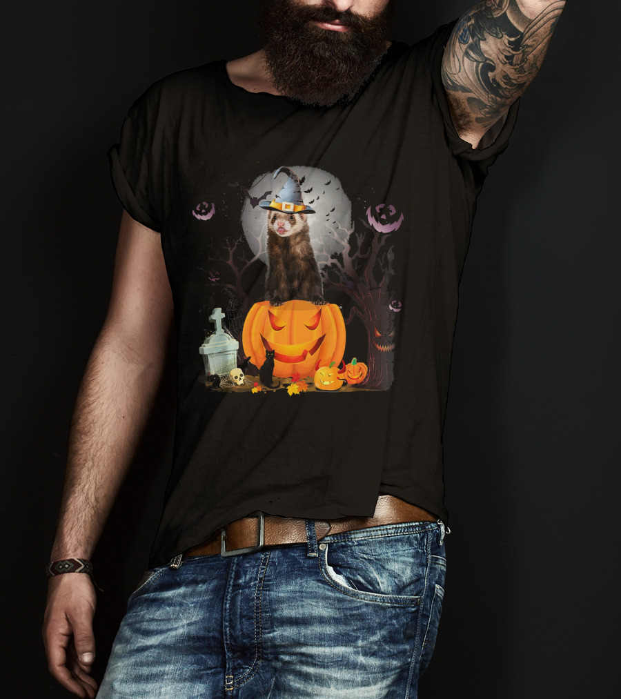 Funny Halloween Ferret With Pumpkin And Witch Hat T-Shirt
