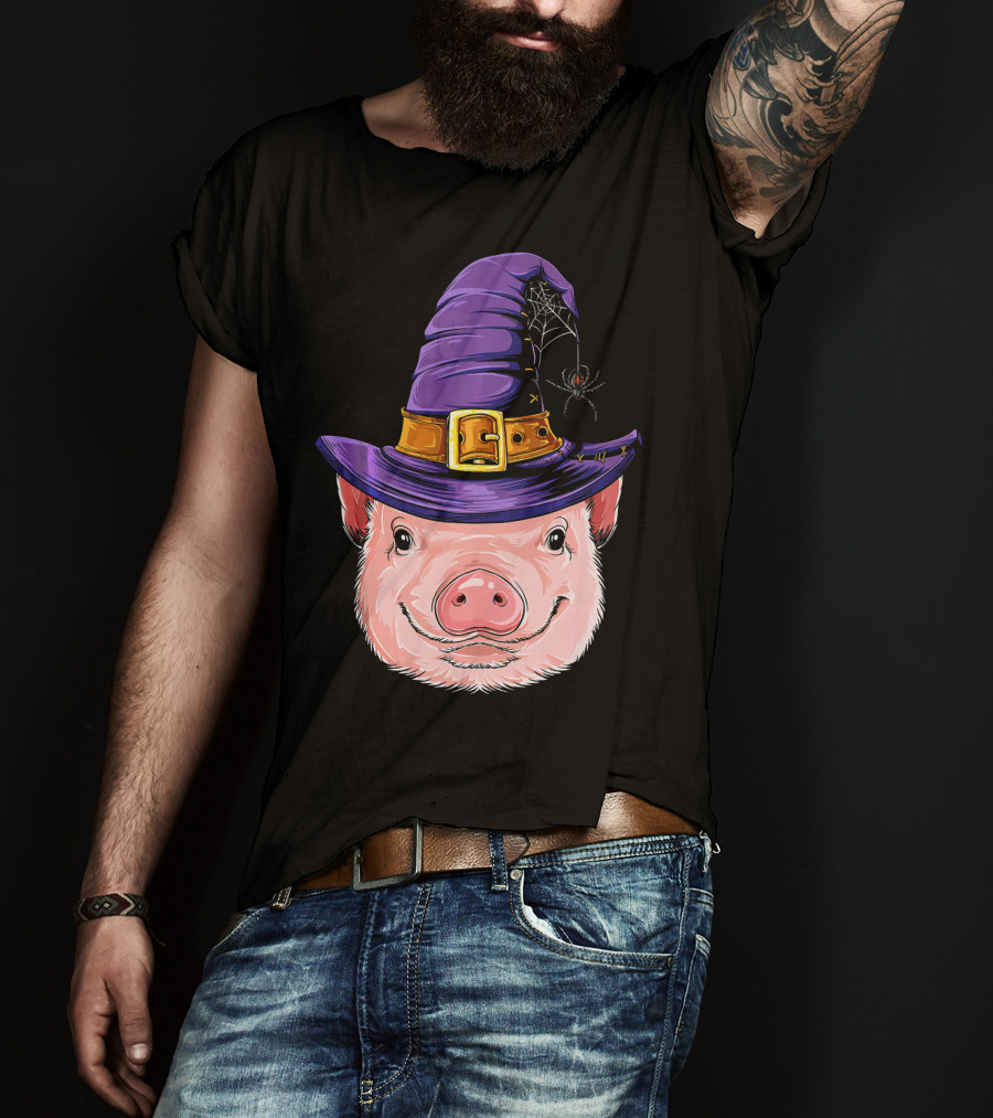 Pig In Witch Hat With Spider And Web Halloween T-Shirt