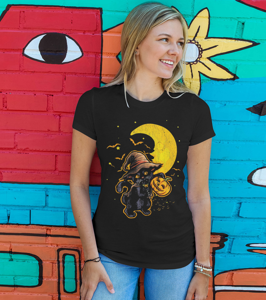 Halloween Black Cat Witch With Pumpkin Under Moon And Bats T-Shirt