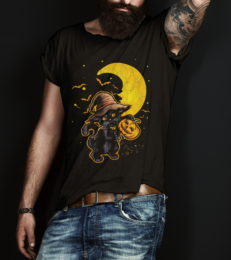 Halloween Black Cat Witch With Pumpkin Under Moon And Bats T-Shirt