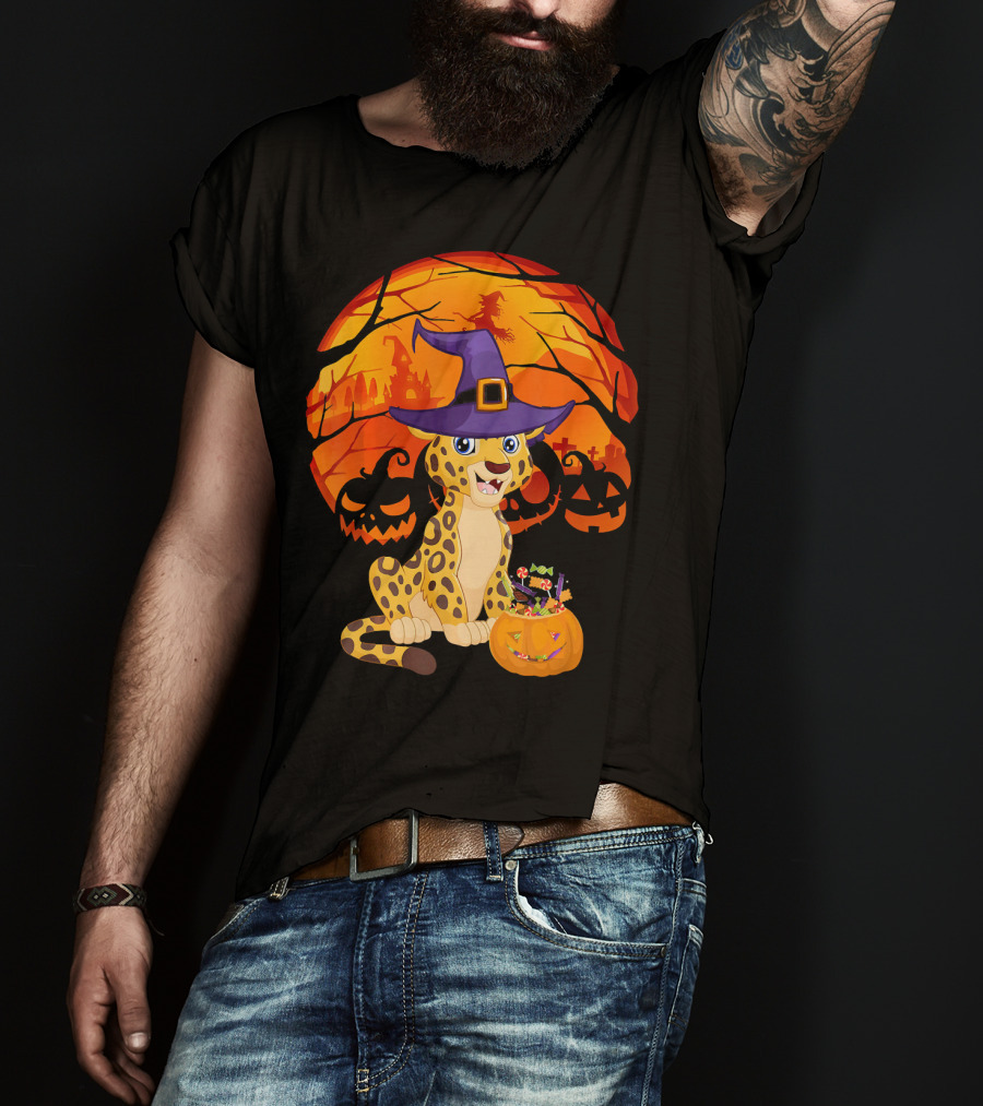 Halloween Costume Leo Witch Hat Leopard Jack-o'-Lantern Moon Shadows T-Shirt