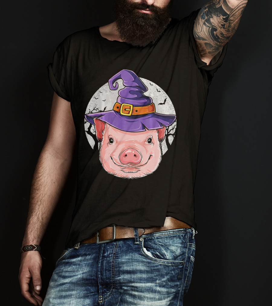 Pig Wearing Purple Witch Hat With Spooky Full Moon And Bats T-Shirt