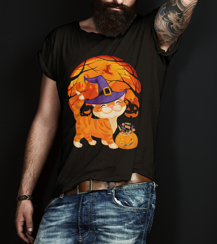 Halloween Costume Cat Witch Hat Happy Pumpkin Moon Scene T-Shirt