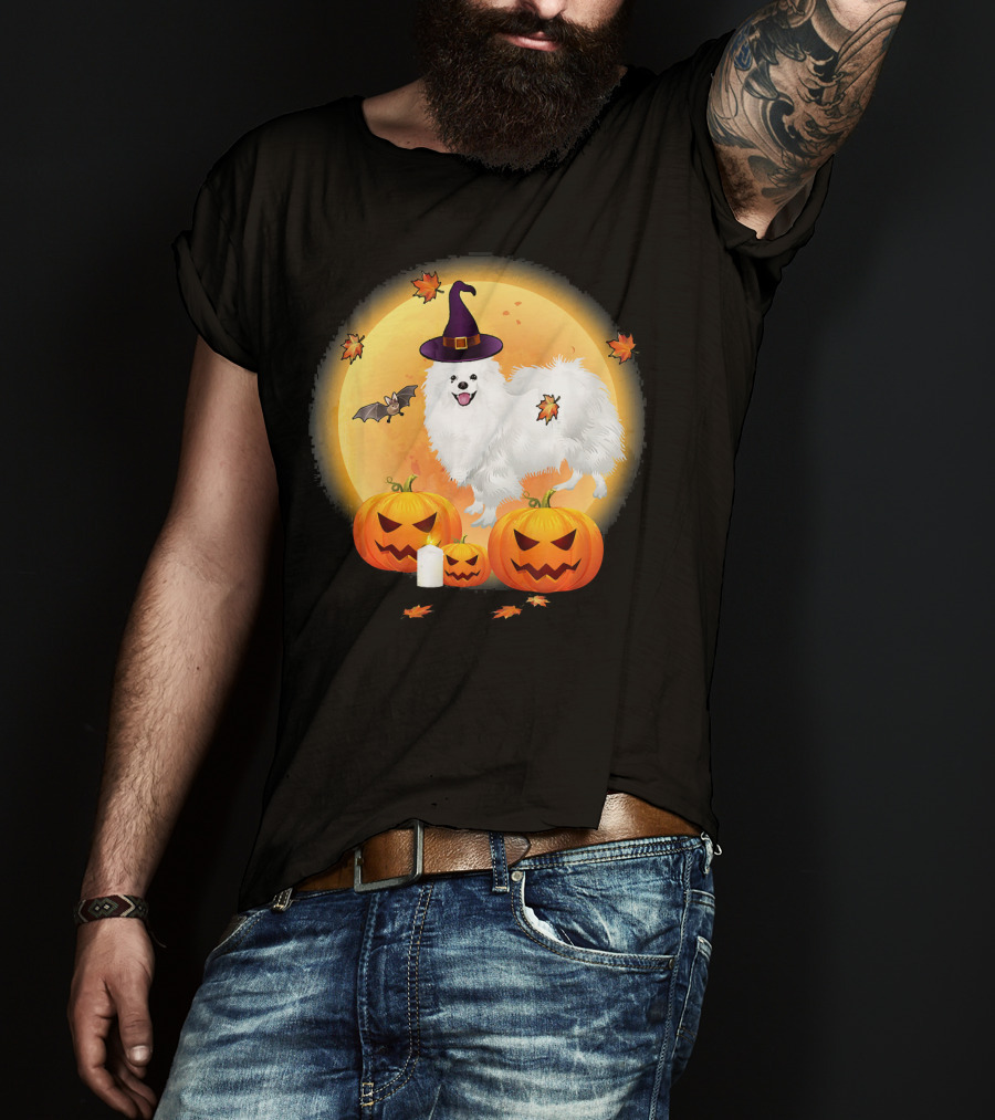 Halloween American Eskimo Dog With Pumpkins And Witch Hat T-Shirt