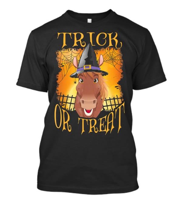 Trick Or Treat Horse With Witch Hat And Spider Web T-Shirt