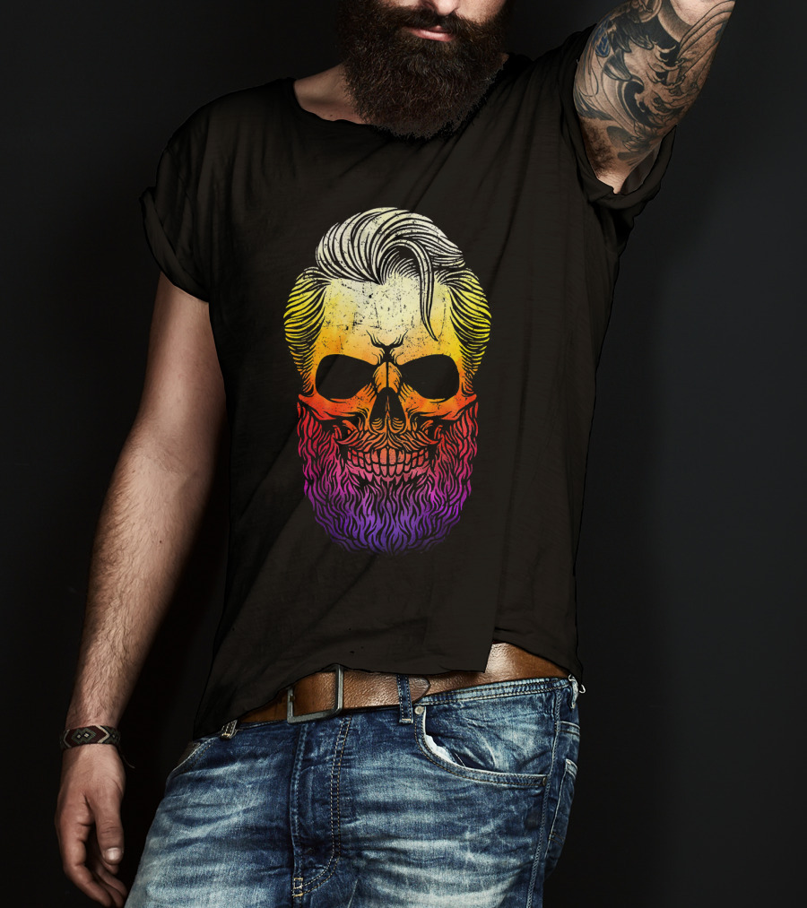 Creepy Bearded Skull With Colorful Gradient For Halloween And Ske T-Shirt