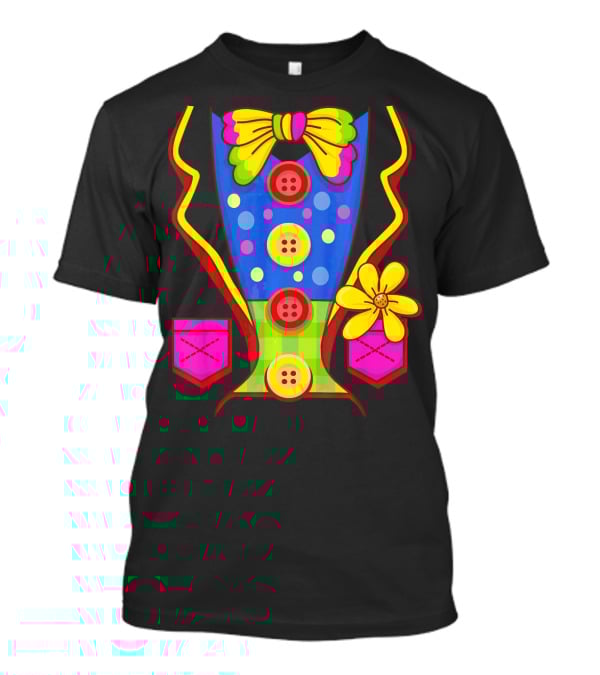 Clown Colorful Bow Tie And Buttons Outfit With Flower Pockets T-Shirt