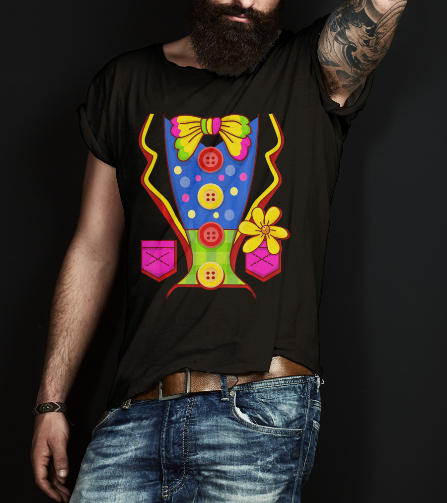 Clown Colorful Bow Tie And Buttons Outfit With Flower Pockets T-Shirt