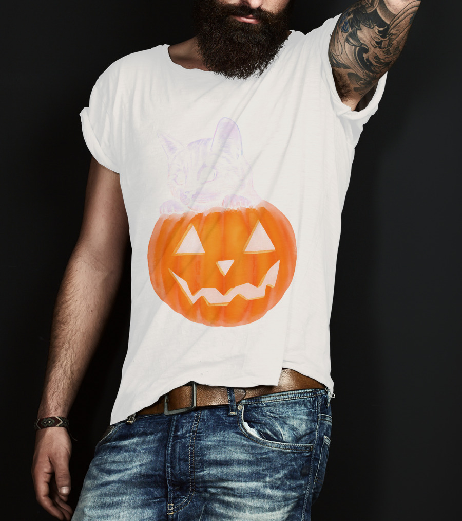 Kitten Peeking From Jack-O'-Lantern Pumpkin Halloween T-Shirt