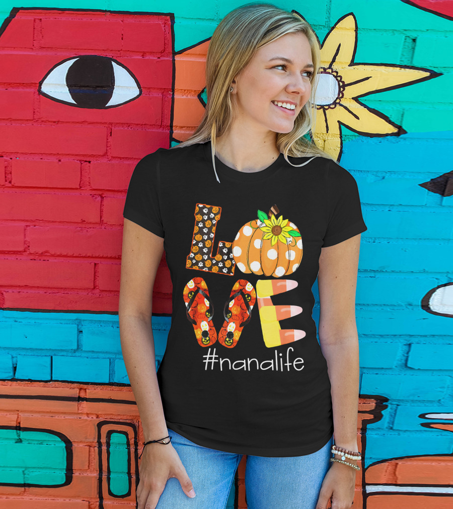 Nanalife Funny Love Pumpkin Flip Flops Halloween Candy Corn And Sunflower T-Shirt
