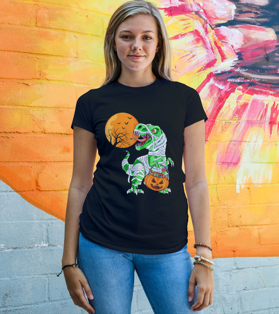 Halloween Mummy T Rex With Pumpkin Candy Under Full Moon T-Shirt