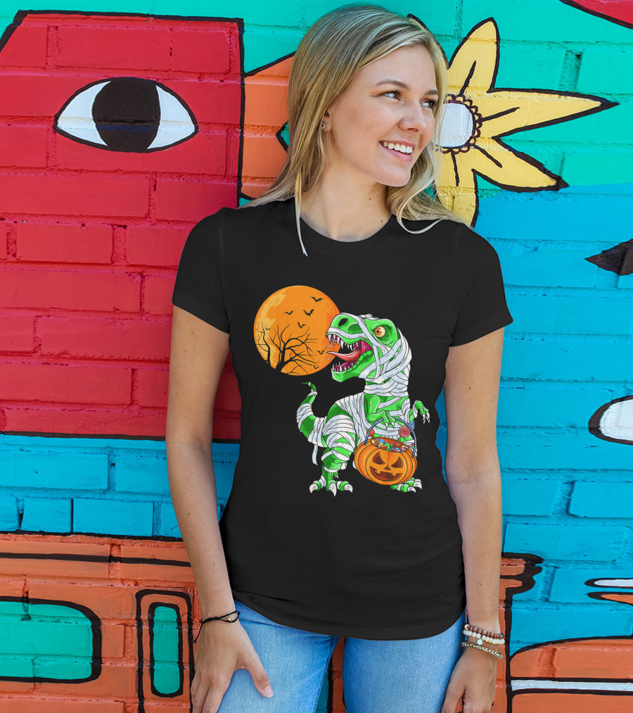 Halloween Mummy T Rex With Pumpkin Candy Under Full Moon T-Shirt