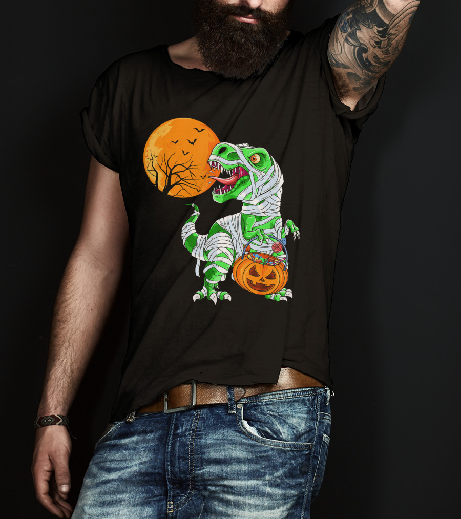 Halloween Mummy T Rex With Pumpkin Candy Under Full Moon T-Shirt