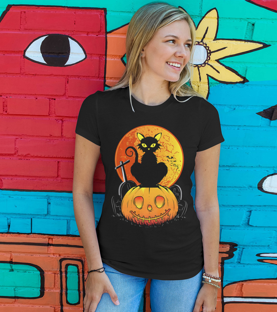 Halloween Black Cat On Pumpkin With Full Moon And Graveyard T-Shirt