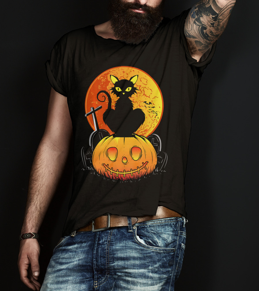 Halloween Black Cat On Pumpkin With Full Moon And Graveyard T-Shirt