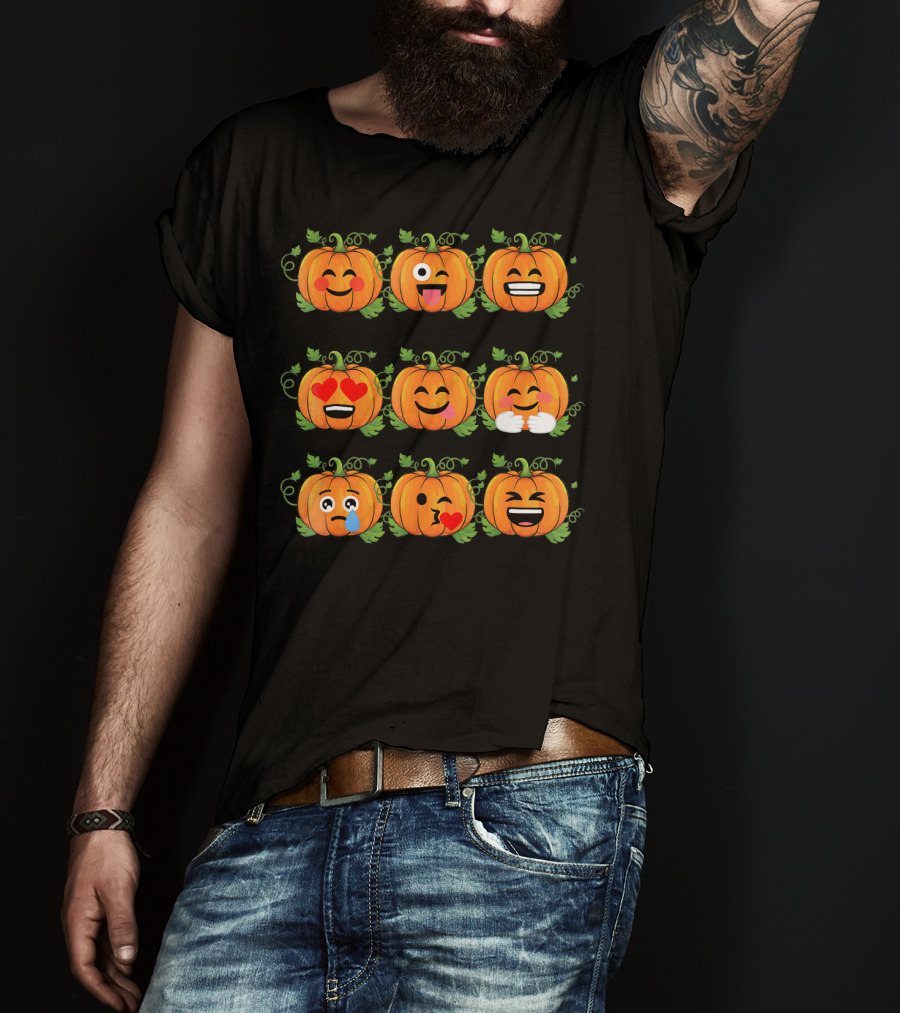Pumpkin Emoji Faces Smiling Laughing Heart Eyes Winking Funny Expressions T-Shirt