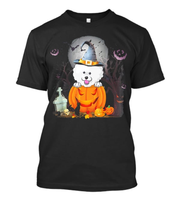 Bichon Frise Dog In Witch Hat With Halloween Pumpkin And Black Cat T-Shirt