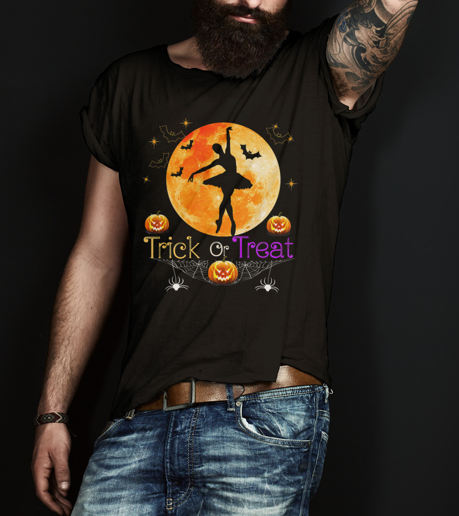 Trick Or Treat Ballerina Halloween Moon Pumpkins Bats Spiders T-Shirt