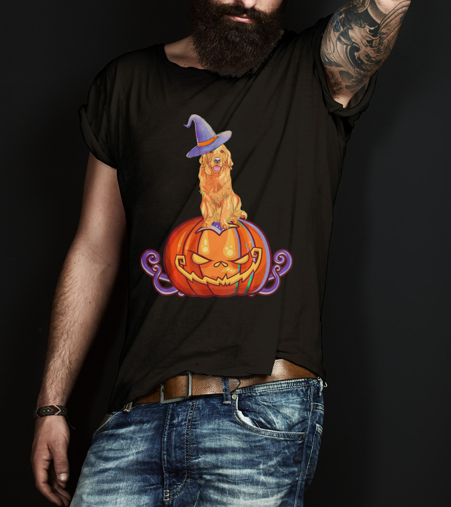 Golden Retriever Halloween Pumpkin Witch Hat T-Shirt