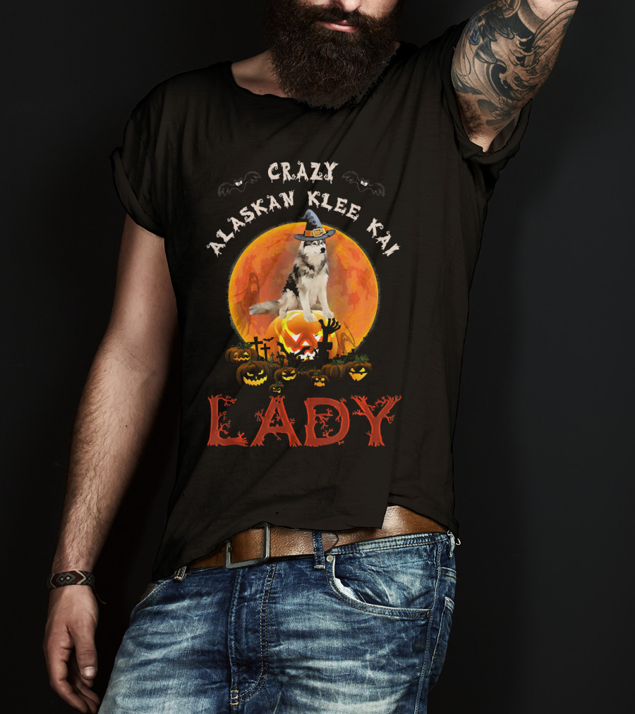 Crazy Alaskan Klee Kai Lady Halloween Moon Pumpkin Graveyard T-Shirt