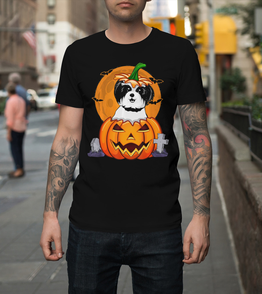 Funny Shih Tzu Pumpkin Halloween Moon Bats Graveyard T-Shirt