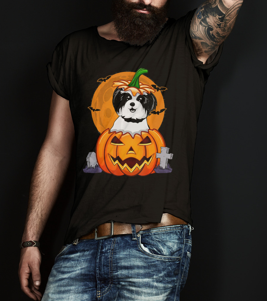Funny Shih Tzu Pumpkin Halloween Moon Bats Graveyard T-Shirt