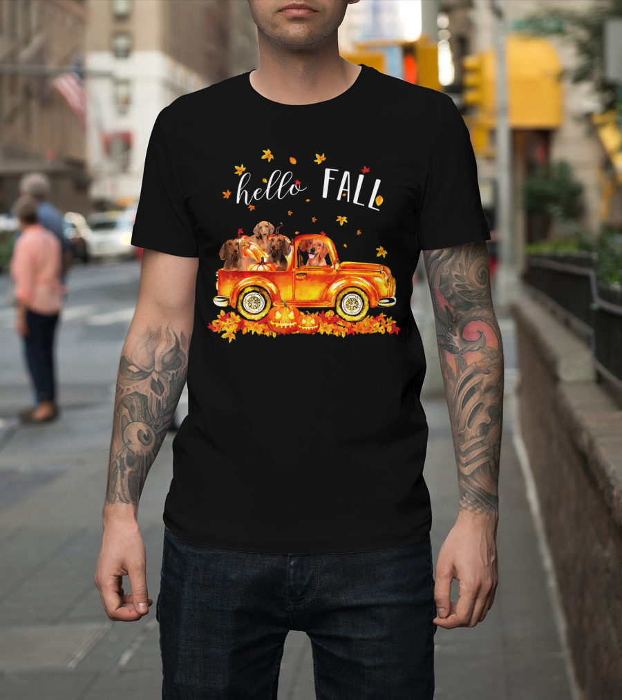 Hello Fall Dachshund Pumpkins Leaves Truck T-Shirt