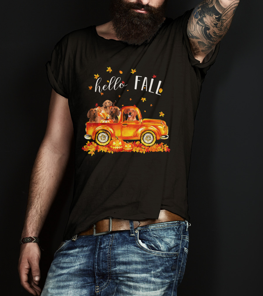 Hello Fall Dachshund Pumpkins Leaves Truck T-Shirt