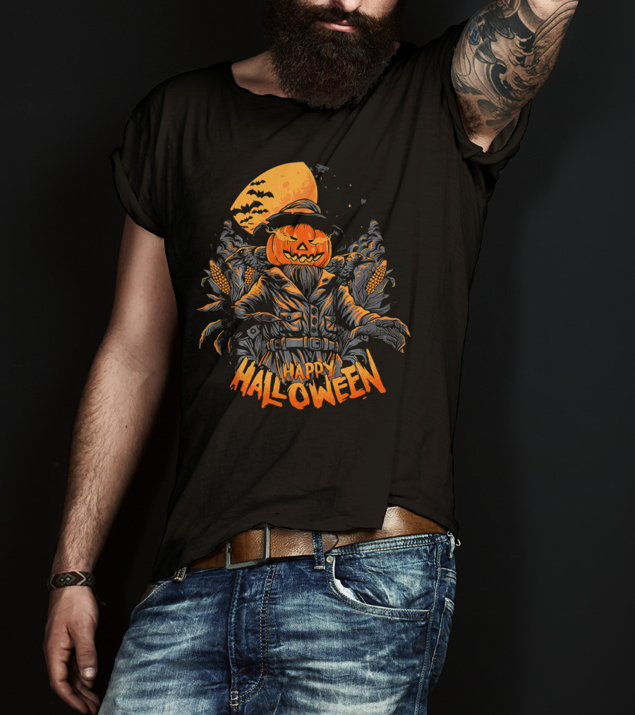 Happy Halloween Pumpkin Horror Moonlit Scarecrow Cornfield T-Shirt