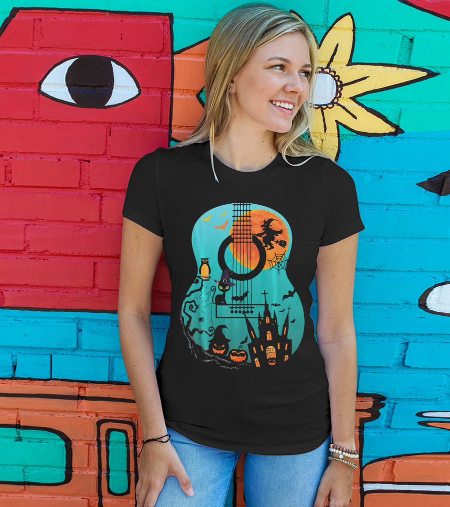 Guitar Lover Scary Halloween Pumpkin Music Witch Castle Cat Owl Bats Moon T-Shirt