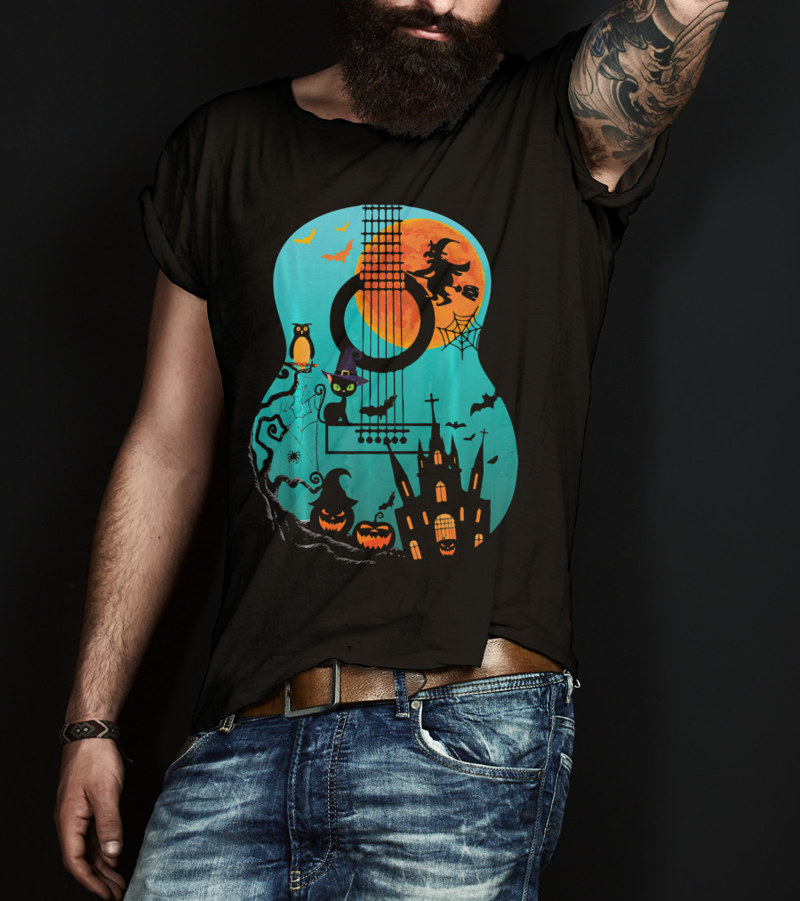 Guitar Lover Scary Halloween Pumpkin Music Witch Castle Cat Owl Bats Moon T-Shirt