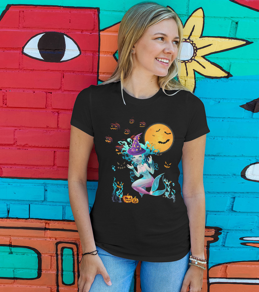 Halloween Mermaid Witch With Pumpkin Lanterns And Moon T-Shirt