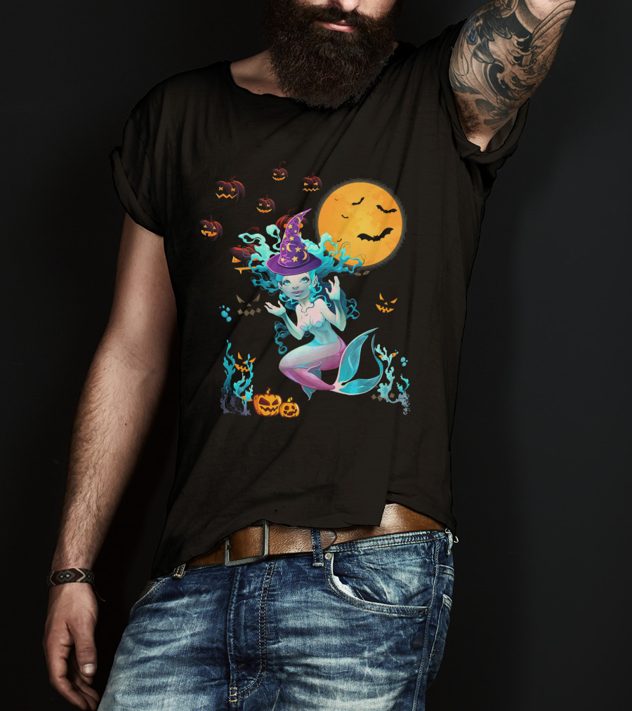 Halloween Mermaid Witch With Pumpkin Lanterns And Moon T-Shirt