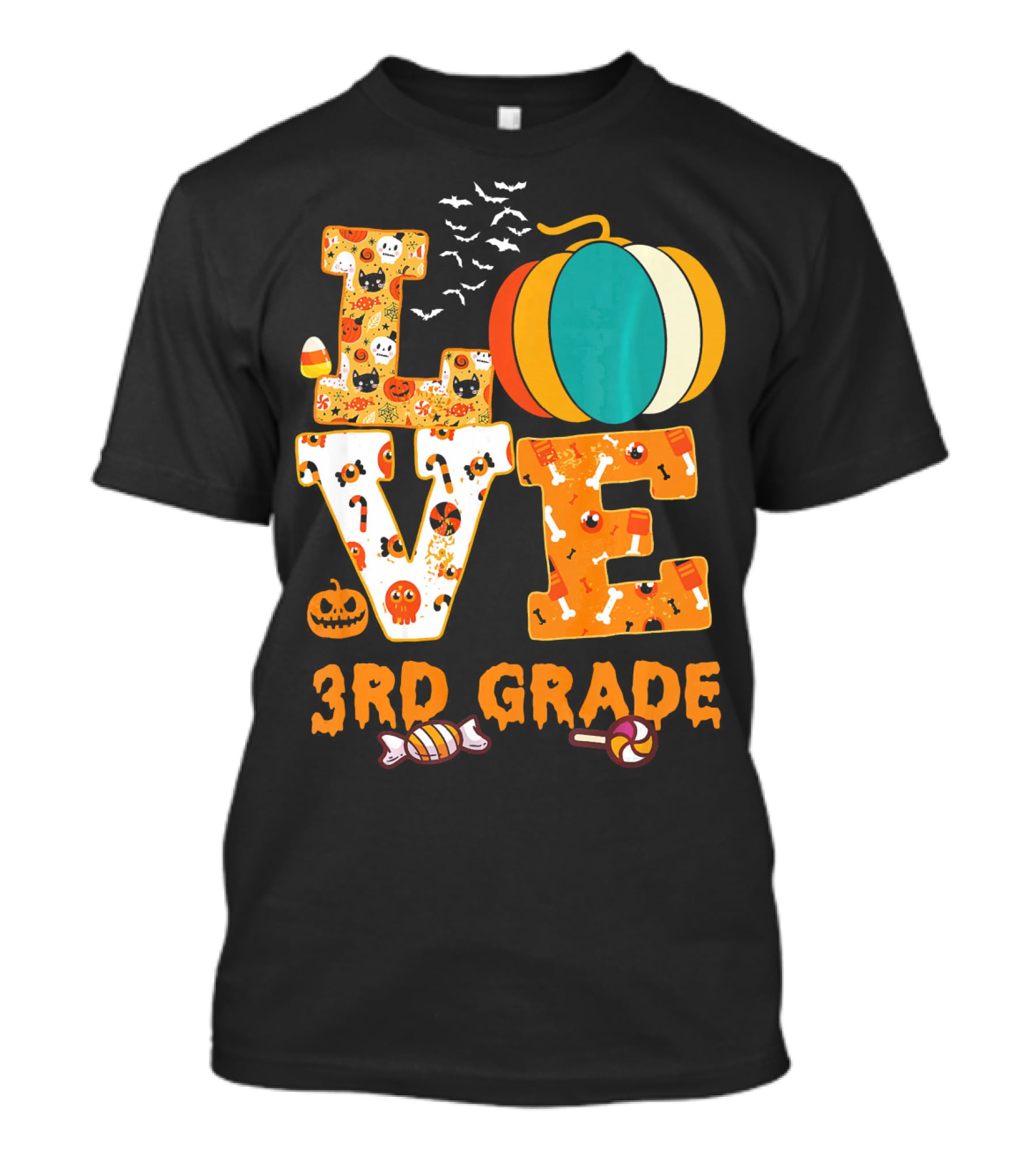 Funny Halloween Love 3rd Grade Teacher Pumpkin Candy Bats T-Shirt