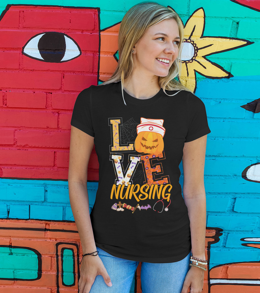 LOVE Nursing Pumpkin Halloween Nurse Stethoscope Spider Web Bat Candy T-Shirt