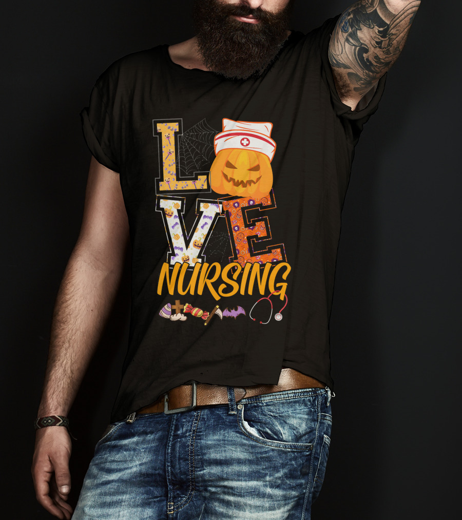 LOVE Nursing Pumpkin Halloween Nurse Stethoscope Spider Web Bat Candy T-Shirt