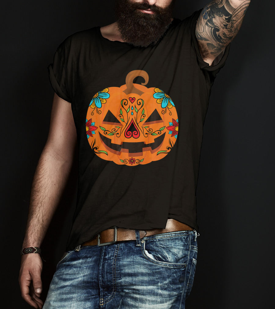 Pumpkin Sugar Skull Halloween Jack-O'-Lantern Floral T-Shirt