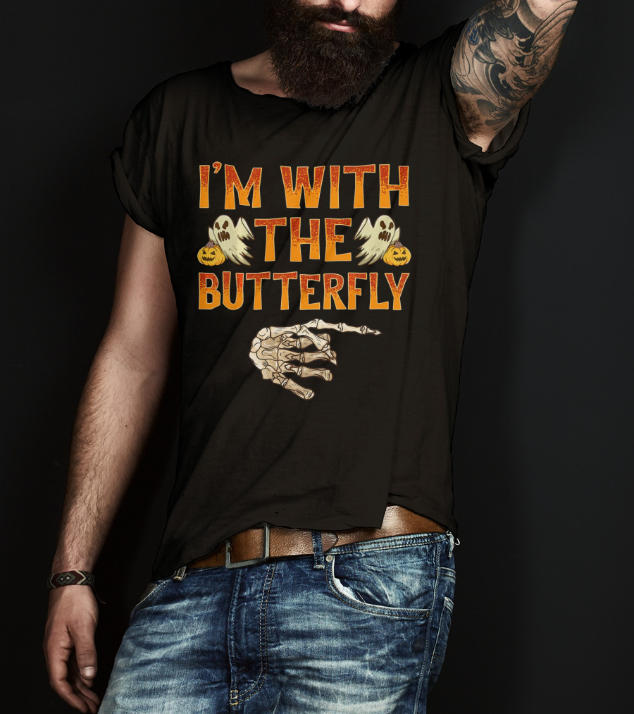 I'm With The Butterfly Ghosts Skeleton Hand Pumpkins T-Shirt