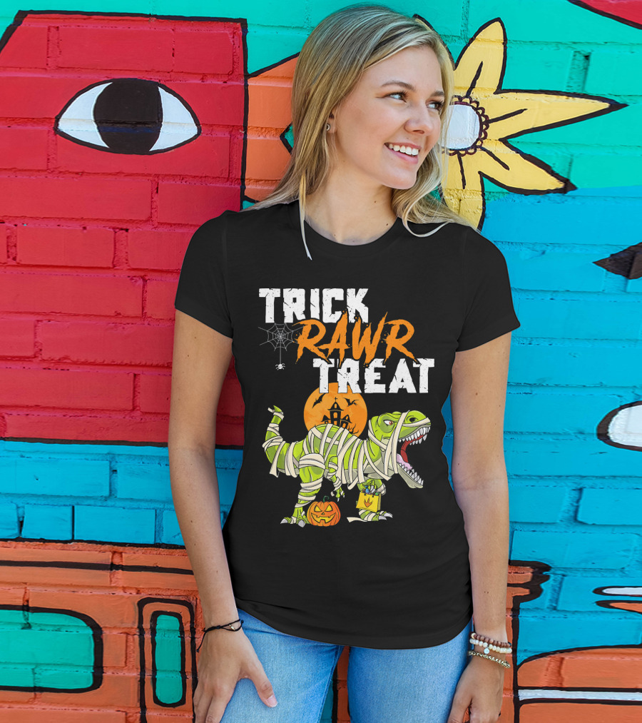 Trick Rawr Treat Dinosaur Mummy Halloween Rex Jack-O'-Lantern T-Shirt