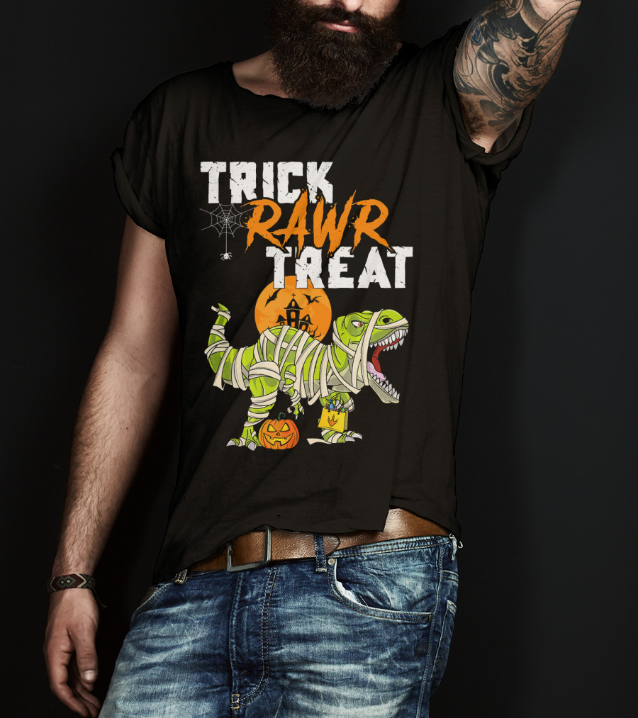 Trick Rawr Treat Dinosaur Mummy Halloween Rex Jack-O'-Lantern T-Shirt