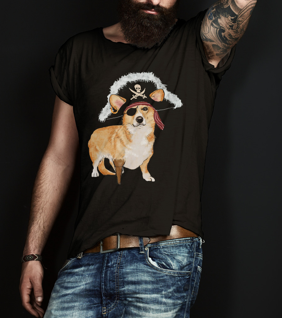 Funny Pirate Corgi Halloween Dog Lovers Skull Eyepatch Hat T-Shirt