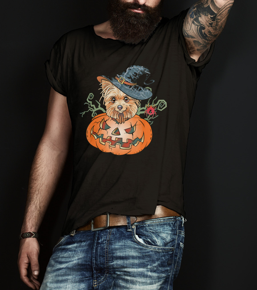 Yorkshire Terrier Witch Hat Pumpkin Halloween T-Shirt