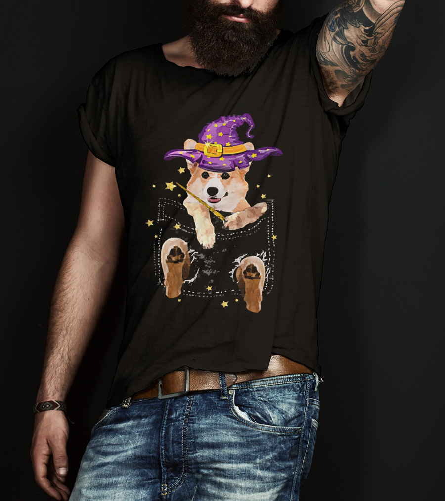 Corgi Witch Hat Starry Pocket Magic Wand Corgi T-Shirt
