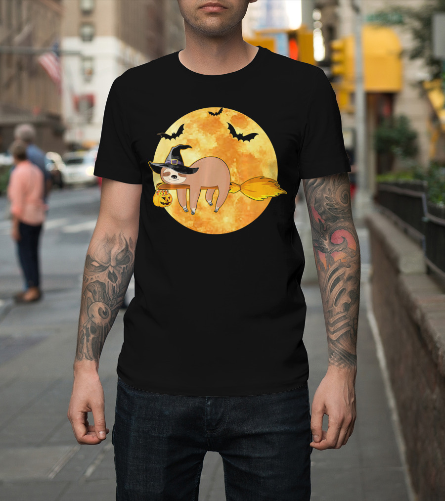 Lazy Sloth Riding Witches Broom With Pumpkin And Full Moon Background T-Shirt