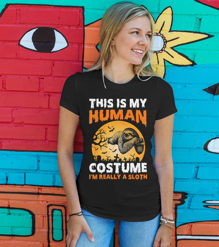 This Is My Human Costume I'm Really A Sloth Halloween Moon Cemetery T-Shirt